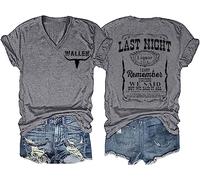 Last Night We Let The Liquor Talk Country Music Tshirt Women Letter Print V-Neck T Shirt Western Bull Skull Tee Tops, Light Gray, S