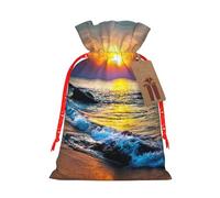 (Last Sun Rays Of Over The Sea Waves) Christmas Burlap Gift Bags, Eco-Friendly Polyester Drawstring Pouches For Holiday, Birthday & Party Gift Packaging S
