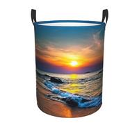 Last Sun Rays Of Over The Sea Waves Circular Laundry Basket With Handles Waterproof Dirty Clothes Storage Hamper Bedroom Bathroom