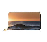 Last Sun Rays of Over The Sea Waves Leather Wallet Cell Phone Credit Cards Wallet Leather Wallet for Women Zipper Pocket Black One Size, Black/White, One Size