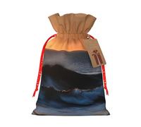 Last Sun Rays Of Over The Sea Waves Print Christmas Drawstring Gift Bags With Cards For Xmas Party Decorations Holiday