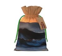 Last Sun Rays Of Over The Sea Waves Print Christmas Drawstring Gift Bags With Cards For Xmas Party Decorations Holiday