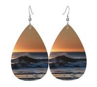 Last Sun Rays of Over The Sea Waves Print Leather Dangle Earrings - Lightweight Teardrop Costume Earrings for Parties, Valentine's Day