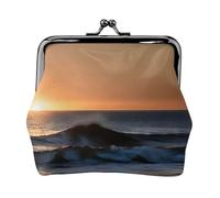 Last Sun Rays of Over The Sea Waves Printed Microfiber PU Leather Wallet Kiss Lock Mini Pouch for Lipstick Key Change Organization