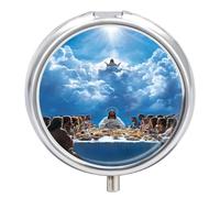 Last Supper Pill Box with 3 Compartments and Mirror Cute Metal Round Pill Case for Vitamin Fish Oils