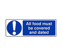 Lasting Impressions (Signs) Limited 300mmx100mm All Food Must Be Covered and Dated Catering Sign Sticker Self Adhesive Blue White Vinyl Sign Sticker Professional