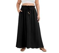 Lastshe Plus Size Maxi Skirts for Women Summer Boho Pleated Elastic High Waist A-line Long Skirt with Pockets, 01 Black, XXL Plus