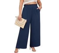 Lastshe Plus Size Wide Leg Pants for Women Elastic High Waist Loose Casual Work Pants Palazzo Trousers with Pockets, Dark Blue, 3X