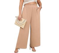 Lastshe Plus Size Wide Leg Pants for Women Elastic High Waist Loose Casual Work Pants Palazzo Trousers with Pockets, Khaki, 3X