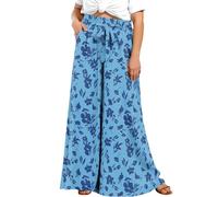 Lastshe Plus Size Wide Leg Pants for Women High Waisted Palazzo Loose Pants Boho Flowy Self-tie Belted Trousers with Pockets, Print Light Blue, 3X