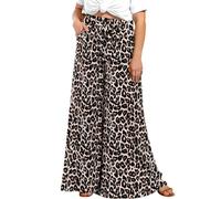 Lastshe Plus Size Wide Leg Pants for Women High Waisted Palazzo Loose Pants Boho Flowy Self-tie Belted Trousers with Pockets, Leopard Spots, 1X