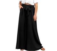 Lastshe Plus Size Wide Leg Pants for Women High Waisted Palazzo Loose Pants Boho Flowy Self-tie Belted Trousers with Pockets, Black, 3X