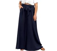 Lastshe Plus Size Wide Leg Pants for Women High Waisted Palazzo Loose Pants Boho Flowy Self-tie Belted Trousers with Pockets, Navy Blue, 3X