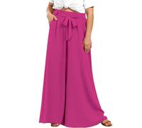 Lastshe Plus Size Wide Leg Pants for Women High Waisted Palazzo Loose Pants Boho Flowy Self-tie Belted Trousers with Pockets, Purple Red, 3X