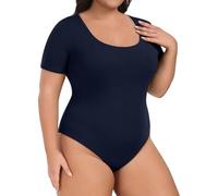 Lastshe Women Plus Size Bodysuit Short Sleeve Scoop Neck Casual Slim Fit Stretchy Bodysuits, Navy Blue, 3X