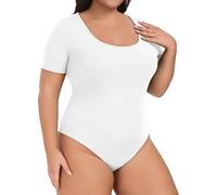 Lastshe Women Plus Size Bodysuit Short Sleeve Scoop Neck Casual Slim Fit Stretchy Bodysuits, White, 3X