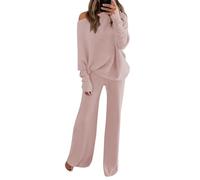 LaSuiveur 2 Piece Off Shoulder Long Sleeve Knit Pullover with Drawstring Long Pants Tracksuit Lounge Set Woman Clothing, Pinkpurple, Large