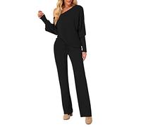 LaSuiveur 2 Piece Off Shoulder Long Sleeve Knit Pullover with Drawstring Long Pants Tracksuit Lounge Set, 02 Black, XL