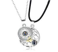 LASULEN Magnetic Necklaces, Sun & Moon 100 Languages I Love You Projection Couples Necklace, Matching Necklace for Couples Moon and Sun, Magnetic Heart Necklace, Best Friend Necklaces for 2