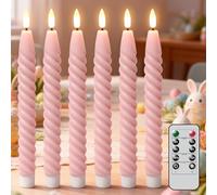 Lasumora Pink Flameless Taper Candles Real Wax Flickering Pastel with Remote Timer, 3D Wick LED Spiral Candles Battery Operated 6 Pack 9.8 inch, Wedding Birthday Home Party Holiday Dinner Decor