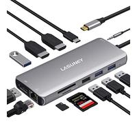 LASUNEY 12-in-1 Hub USB C Laptop Docking Station Dual Monitor, Multiport Adapter Dongle with 2 HDMI, DisplayPort, RJ45, SD/TF, USB C/A Ports, PD, Mic/Audio, Compatible for MacBook Dell HP Lenovo
