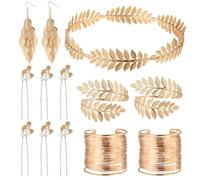 lasuroa 13pcs Greek Goddess Costume Accessories Set for Women Golden Laurel Leaf Headband Armband Coil Bracelet Dangle Earring Goddess Accessories for Halloween Party Dress-UP Night Cosplay