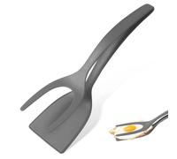 lasuroa 2 in 1 Egg Spatula, Anti-Stick Nylon Fried Egg Turners Grip 2 in 1 Spatula and Tongs for Cooking, Flipping Spatula Tongs Grill Clamp Flipper 2 in 1 Shovel Kitchen Tool for Toast Pie (Gray)