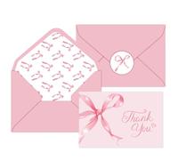 lasuroa 24pcs Pink Bow Thank You Cards, Bridal Girl Baby Shower Pink Bow Greeting Cards with Envelope and Stickers Delicate Blank Note Card for Engagement Wedding Birthday Party Supplies
