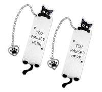 lasuroa 2pcs Cat Bookmarks, Silver Zinc Metal Alloy Cute Pet Black Cat Lovers Bookmarks with Heart Pendent Book Marks Accessories for Women Children Stationery Gift