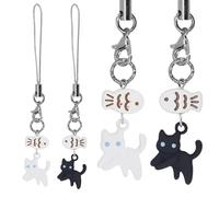 lasuroa 2pcs Cute Cat Phone Charms, Kawaii Cat Fish Phone Lanyard Straps Hanging Pendant Ornaments Decor for Friends Couples Phones Keychain Backpack Handbag Wallet Accessories (Black, White)