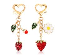 lasuroa 2pcs Cute Strawberry Keychain Set, Heart Clasp Bag Key Chain Charms with Daisy Flower and Green Leaf Car Keyrings Kawaii Purse Accessories for Women Friends Couples Gifts