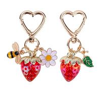 lasuroa 2pcs Strawberry Keychain, Cute Strawberry Bag Charms with Bee Daisy Flower Leaf Charm Metal Keyring Heart-Shaped Key Chain Accessories for Women's Purse Handbag Zipper Pull