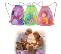lasuroa 3pcs Beach Toy Bags, Mesh Drawstring Backpack for Sand Toys Seashell Lightweight Durable Kids Shell Collecting Bag for Sandbox Vacation Essentials Outdoor Play (3 Colors)
