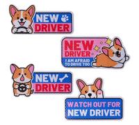 lasuroa 4pcs Funny Corgi New Driver Car Magnets, Cute Cartoon Dog Reflective Student Driver Signs Reusable Safety Warning Magnetic Bumper Stickers Car Decals for Beginner Novice Drivers Gifts