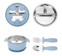 lasuroa 4pcs Stainless Steel Baby Plates Set, Including 1 Partitioned Child Plates with Suction, 1 Double Handle Bowl, 1 Children Fork & 1 Spoon Kids Snack Serving Trays Toddler Feeding Accessories