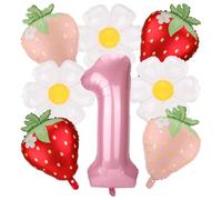 lasuroa 8pcs Berry First Birthday Balloons Kit, Cute Strawberry Daisy Foil Balloons Decorations Sweet Fruit Theme 1st Birthday Party Supplies for Girls
