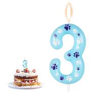 Lasuroa Paw Print Birthday Candle, Number 3, Blue, Paraffin Wax, Animal Theme, 4.13x1.57in, Perfect for Pet Parties