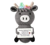 lasuroa Positive Highland Cow, Crochet Highland Cow Positive Doll Emotional Support Plush Animals Toy with Positive Messages Knitted Highland Cow for Encouragement Gifts Party Decoration (Dark Grey)