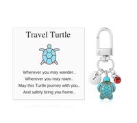 lasuroa Travel Turtle Keychain, Cute Turtle Keyring with Red Gemstone & Encouragement Card Creative Name Initials Sea Turtle Pendants Good Luck Key Chain Gift for Family Friends (I)