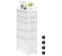LASZOLA 5 Drawer Narrow Slim Cabinet Skinny Storage Tower Chest, Ideal for Small Spaces, Between Washer and Dryer, Lightweight Mobile on Wheels, Sturdy Fabric Drawers, White