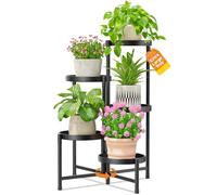 LASZOLA Plant Stand Indoor with 10 Inch Large Metal Tray, 5 Tier Black | Corner Tall Folding Flower Display Rack, Modern Plant Holder Shelf, for Outdoor Patio Porch Garden Living Room