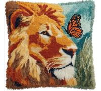 Latch Hook Craft Kits Lion Animal and Butterfly Crochet Needlework Crafts with Latch Hook Tool for Adults DIY Handmade Home Cushion Kits Decor 43x43cm