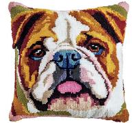 Latch Hook Cushion Cover Making Kits,DIY Pillowcase for Adults Beginners Embroidery Crochet Kit DIY Throw Pillow Covers Kits,with Colourful Yarns Canvas Latch Hook and Chart,43x43cm,English Bulldog