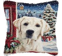 Latch Hook Cushion Kit 43x43cm,White Labrador Retriever And Christmas Scene Pattern Pillow Cover DIY Rug Hooking Kit for Adults & Beginners,Printed Canvas,Yarn & Hook Included,Craft Needlework Set-1