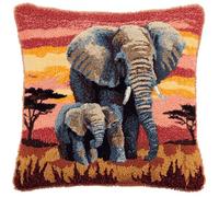 Latch Hook Cushion Kit,Elephant Father And Son,17x17 Inch Latch Hook Pillow Kit for Adults Beginners,Pre-Printed Canvas,Pre-Cut Yarn and Tool Included,DIY Cushion Cover Craft Kit for Home Décor Gift