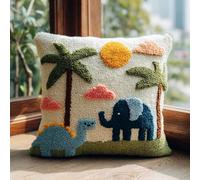 Latch Hook Cushion Kit For Adults Beginners Little Elephant Coconut Tree Complete All-In-One Diy Rug Making Kit With Hook, Yarn And Canvas-Creative Craft Gift- Home Decor Pillow Cover 17X17 Inch