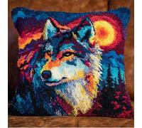 Latch Hook Cushion Kits For Adults 17X17Inch,Color Wolf Under Moon Latch Hook Pillow Case Kits Embroidery Kits 43X43Cm, Diy Needlework Pillow Cover Cushion Rug Making Kit, Diy Craft Kit For
