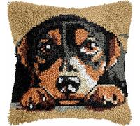 Latch Hook Cushion Kits for Adults Black Dog Cute Rottweiler Puppy Rug Cover Pillowcase Kids Beginner DIY Needlework Embroidery Kits Handmade Set Craft Sofa Home Decor 43x43cm,2pcs