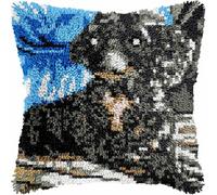 Latch Hook Cushion Kits for Adults Black Gray Puppy Poodle Dog Rug Cover Pillowcase Kids Beginner DIY Needlework Embroidery Kits Handmade Set Craft Sofa Home Decor 43x43cm,1pcs