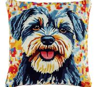 Latch Hook Cushion Kits for Adults Black Schnauzer Dog Puppy Graffiti Rug Cover Pillowcase Kids Beginner DIY Needlework Embroidery Kits Handmade Set Craft Sofa Home Decor 43x43cm,1pcs